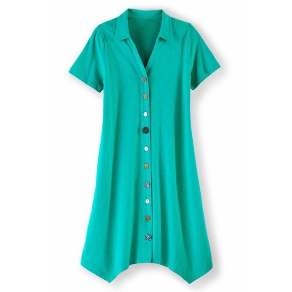 Soft Surroundings Danielle Button Dress XL Teal Asym Hem Pocket Casual Comfy - Picture 2 of 11